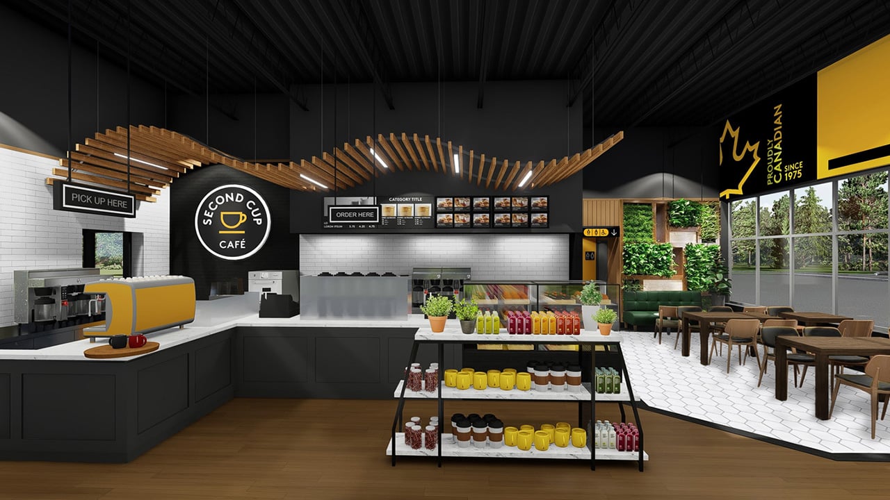 Intérieur d'un café Second Cup avec son comptoir, ses menus et sa salle à manger